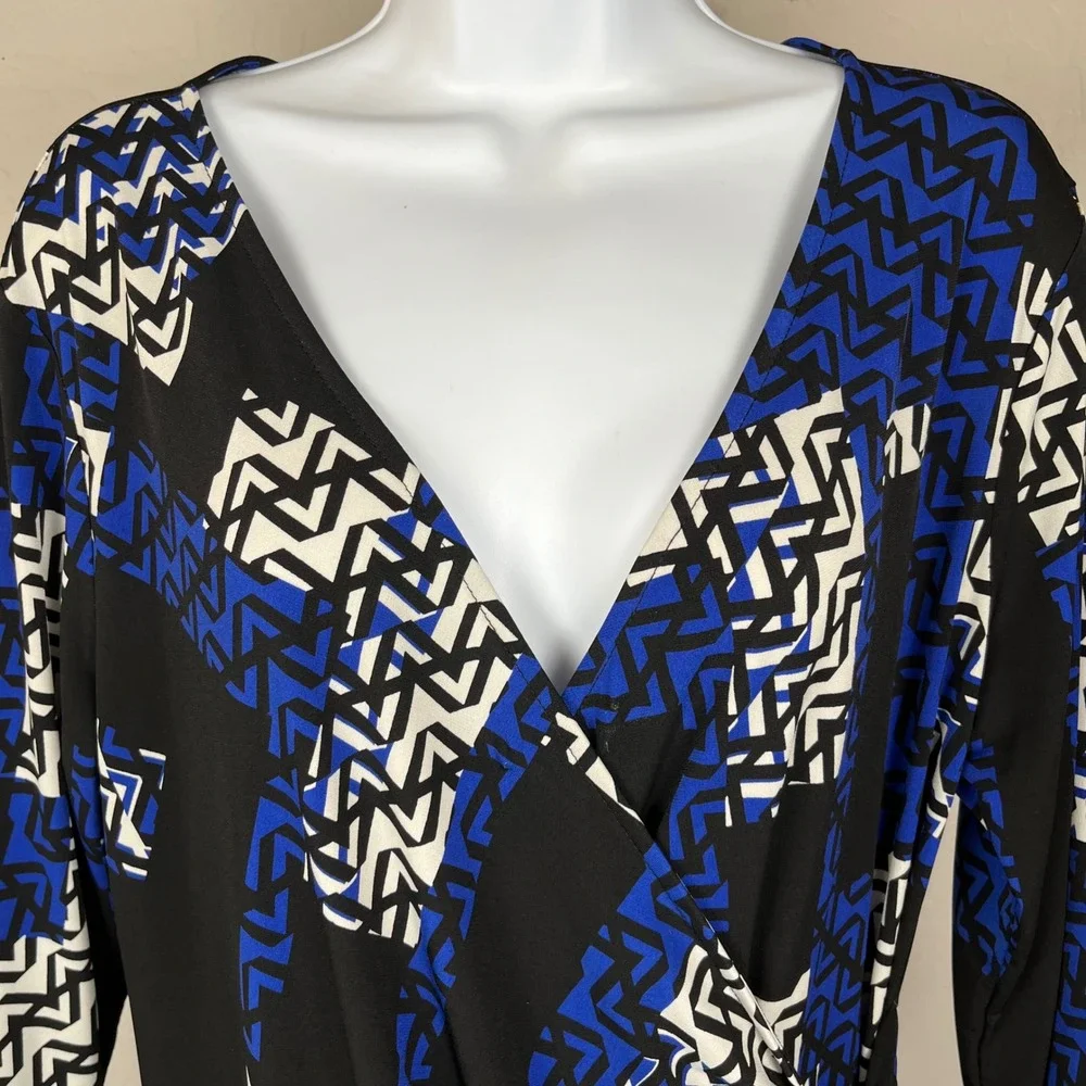 Apt 9 Women's Geometric Print Wrap‎ Stretch Dress Blue Black White Size L
